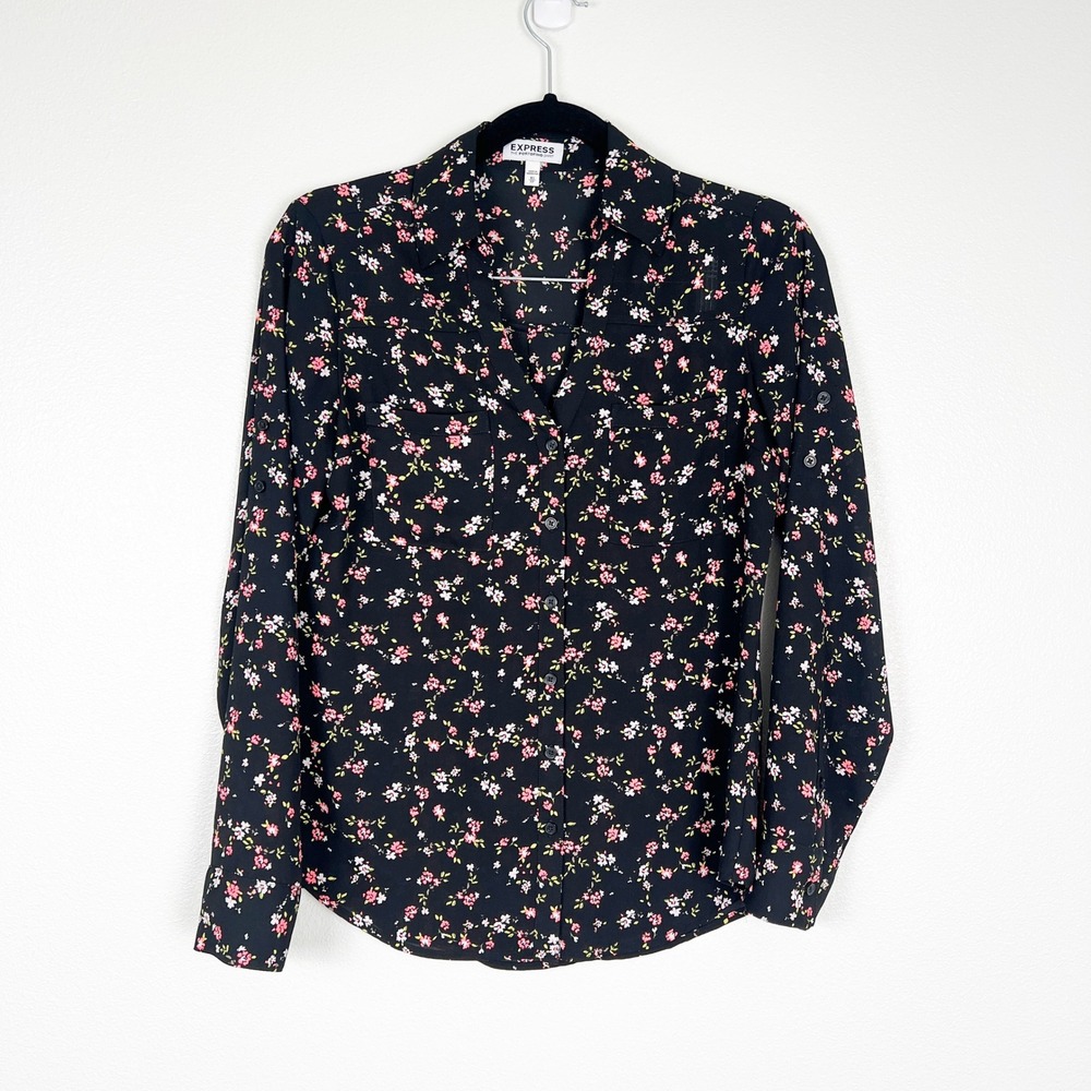 Express The Portofino Shirt Black Neon Floral Button Front Blouse XS